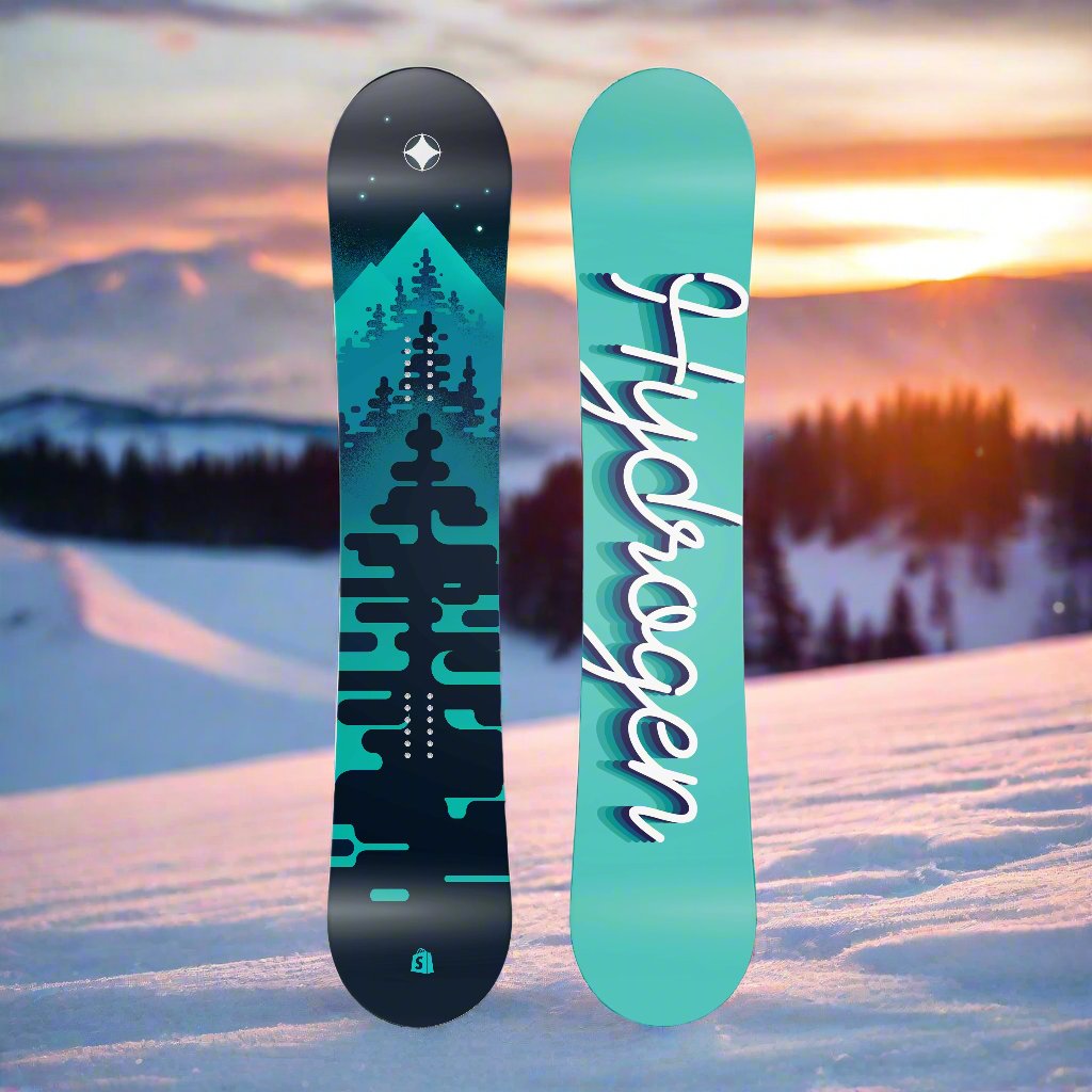 The top and bottom view of a snowboard. The top has view is turquoise and black with graphics of
trees. The bottom view is turquoise with the word hydrogen written in cursive.